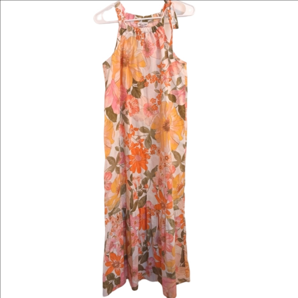 Chloe + Rene Retro Floral Crisp Cotton Maxi Sun Dress Sleeveless Tie Shoulder M